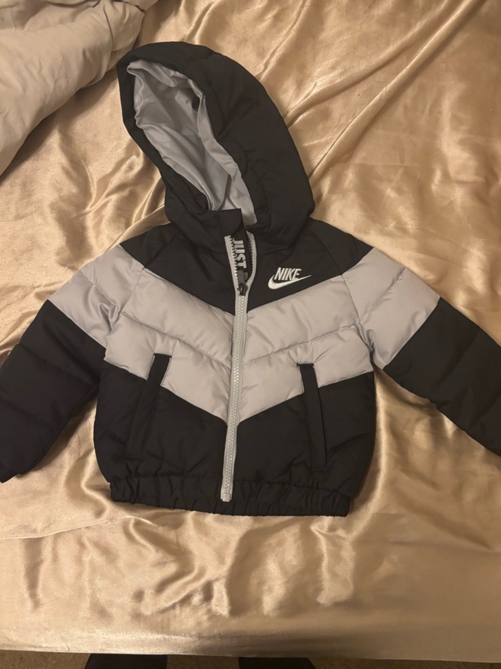 Nike Kids Black and Gray Hooded Puffer Jacket
